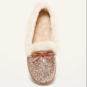 OLD NAVY Gold Glitter Faux-Fur Lined Moccasin Slippers